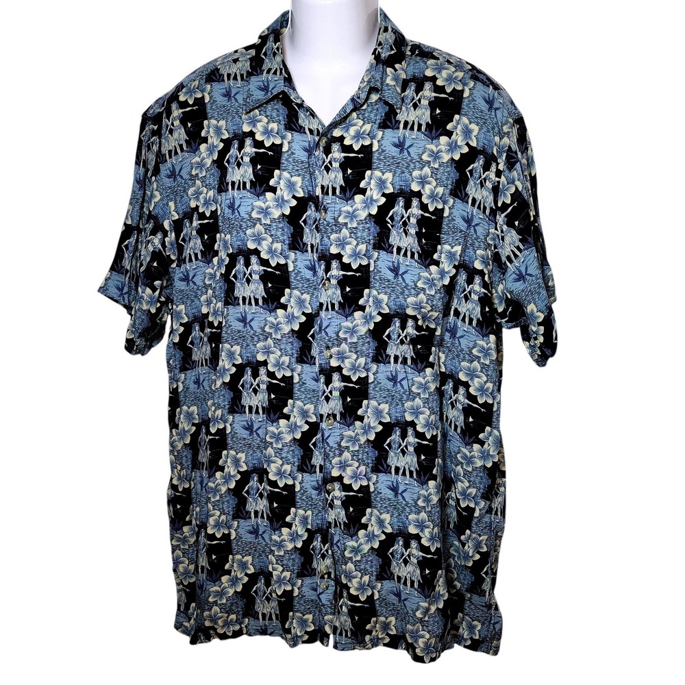 Pierre Cardin Mens 1X Blue Tropical Hula Dancer Vintage 90s Rayon Hawaiian Shirt